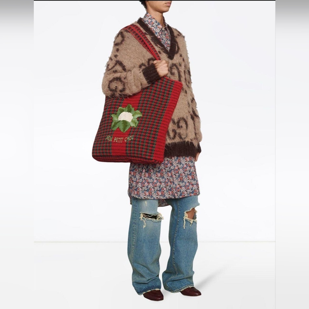 Authentic Gucci cauliflower embroidered houndstooth and stripe Wool tote bag - Picture 16 of 16